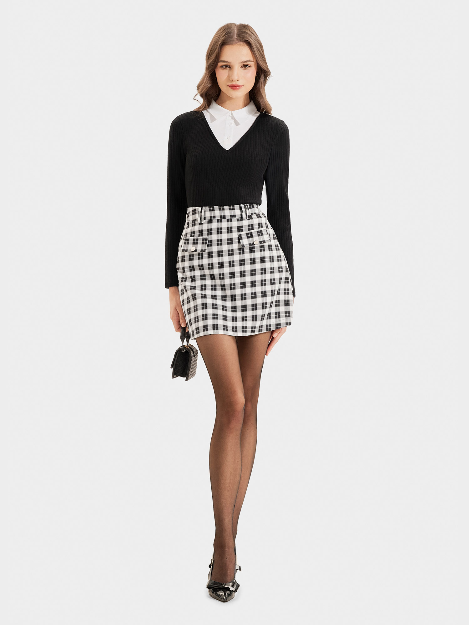 Áo thun dệt kim tay dài form ôm cổ sơ mi