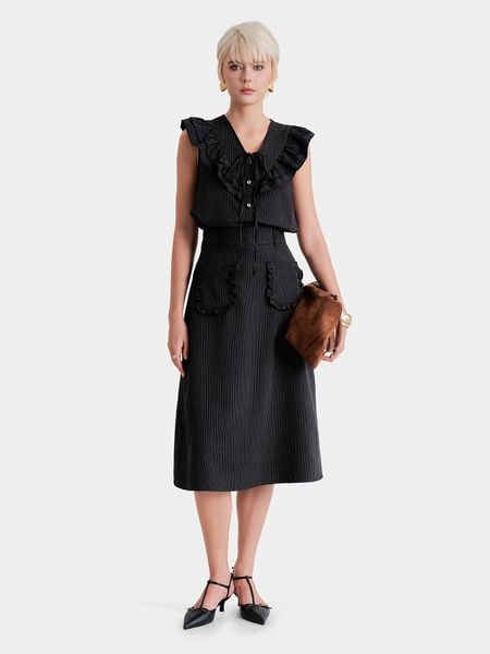  Váy midi kaki sọc 2 túi viền bèo 