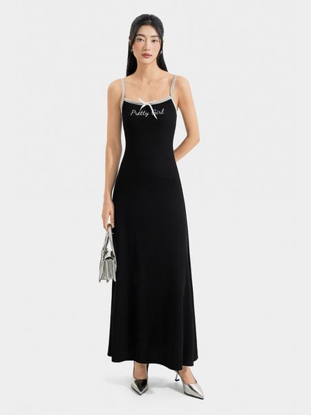  Đầm midi thun 2 dây form ôm in chữ phối ren 