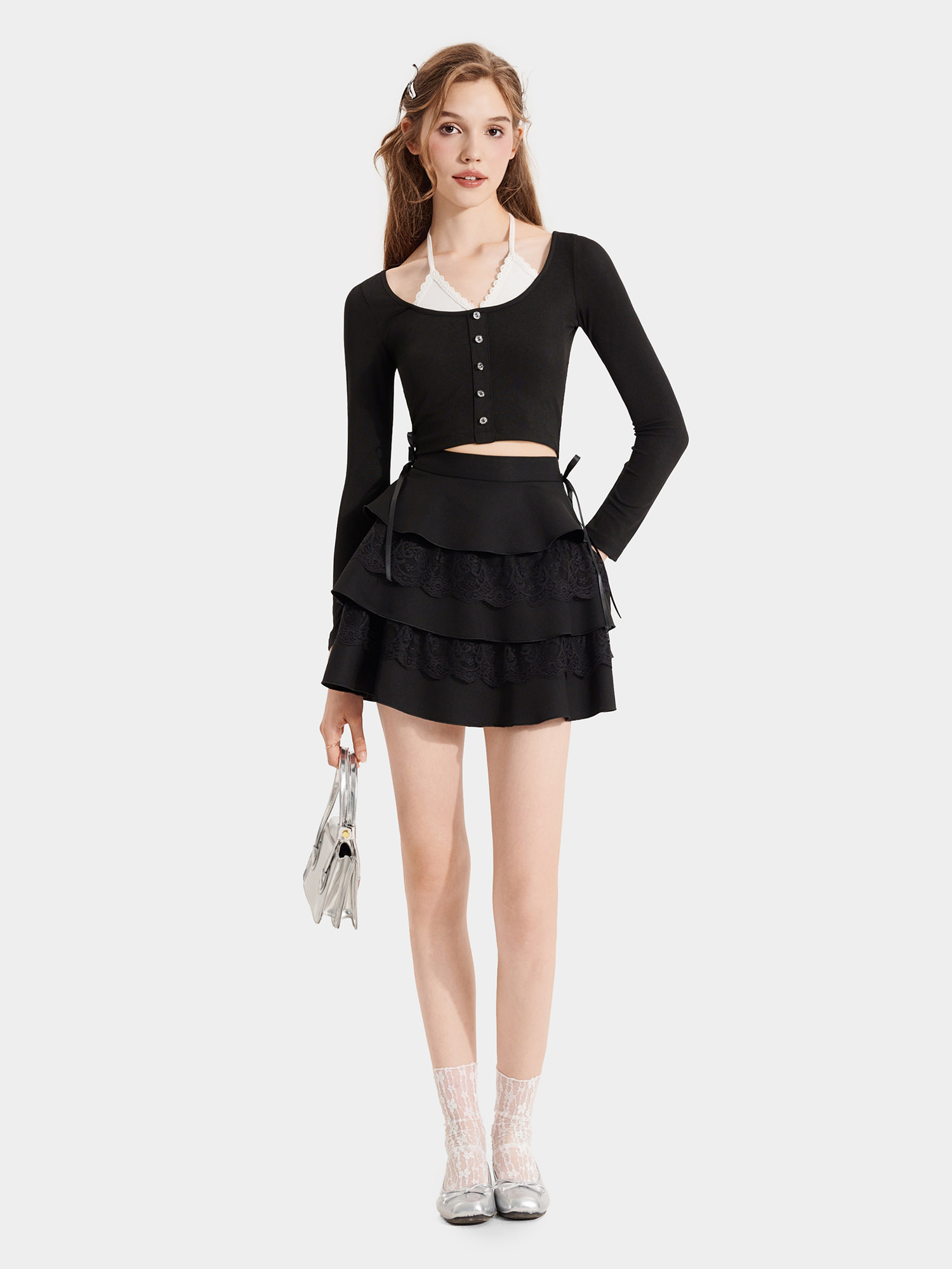 Áo thun croptop form ôm tay dài cột dây sau