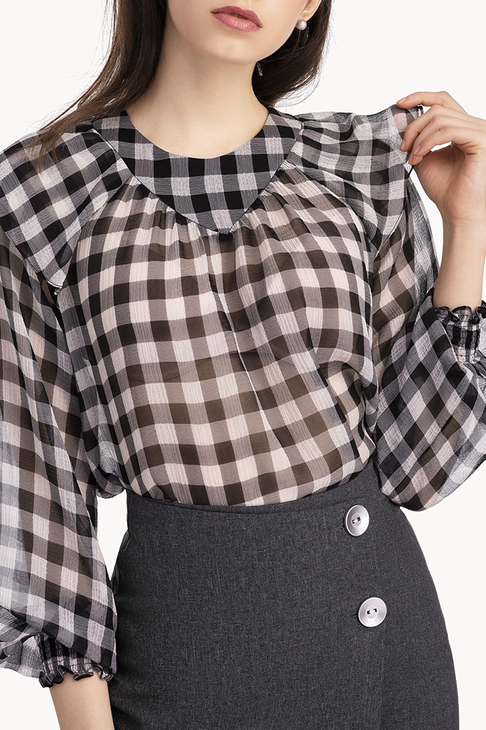 Áo caro voan xốp tay nhún