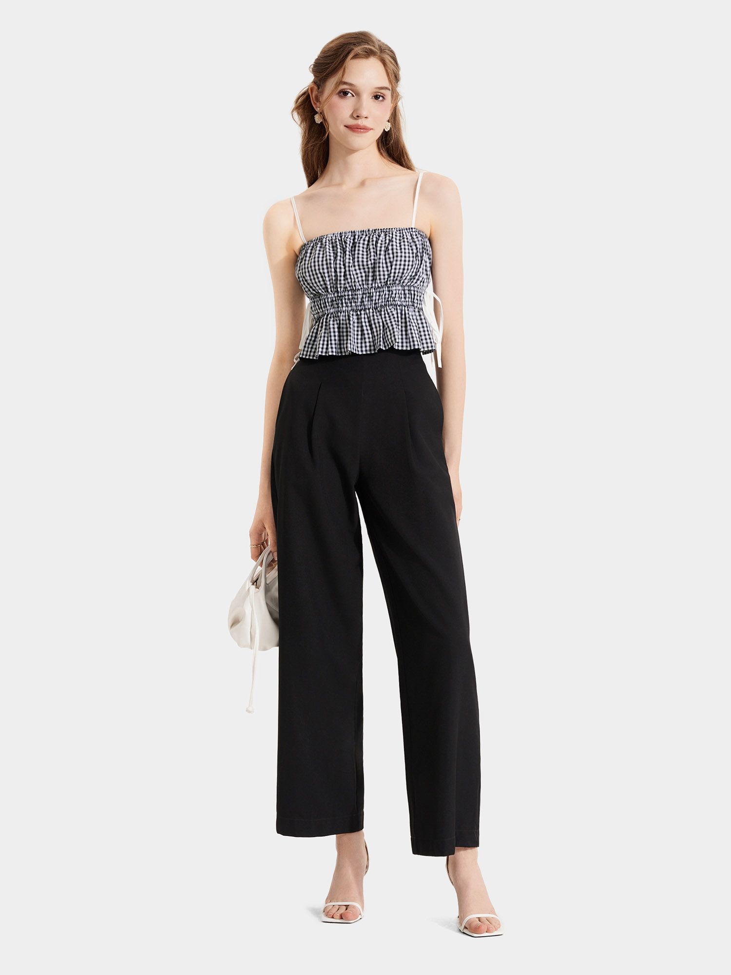  Áo 2 dây caro nhún thun thắt nơ hông 