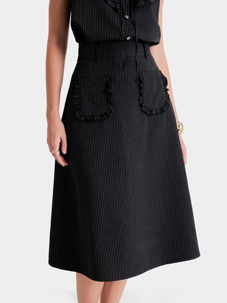  Váy midi kaki sọc 2 túi viền bèo 