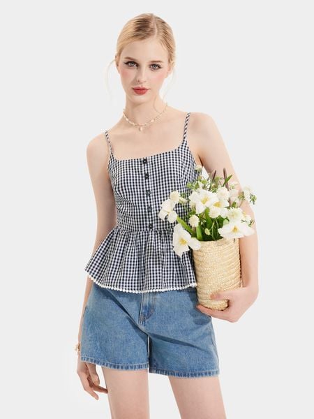  Áo 2 dây caro đính hàng nút phối ren 