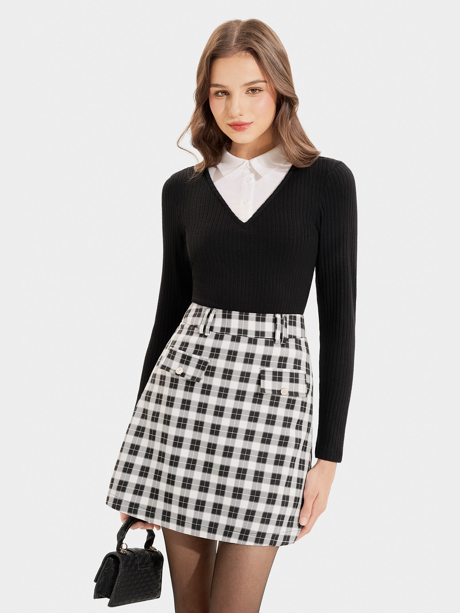 Áo thun dệt kim tay dài form ôm cổ sơ mi