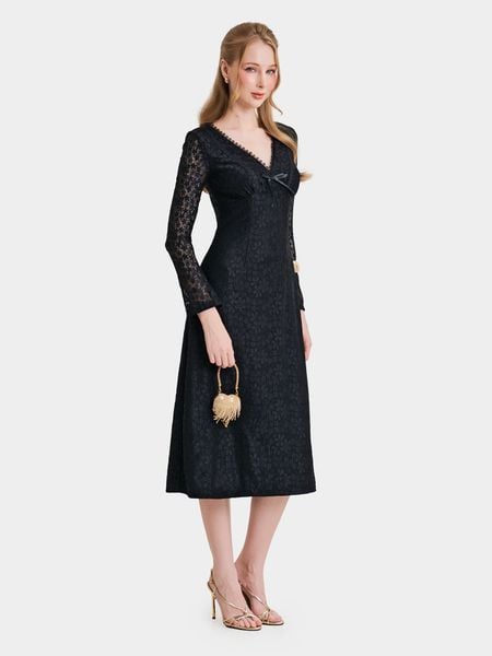  Đầm ren midi tay dài cổ tim đính nơ cổ 