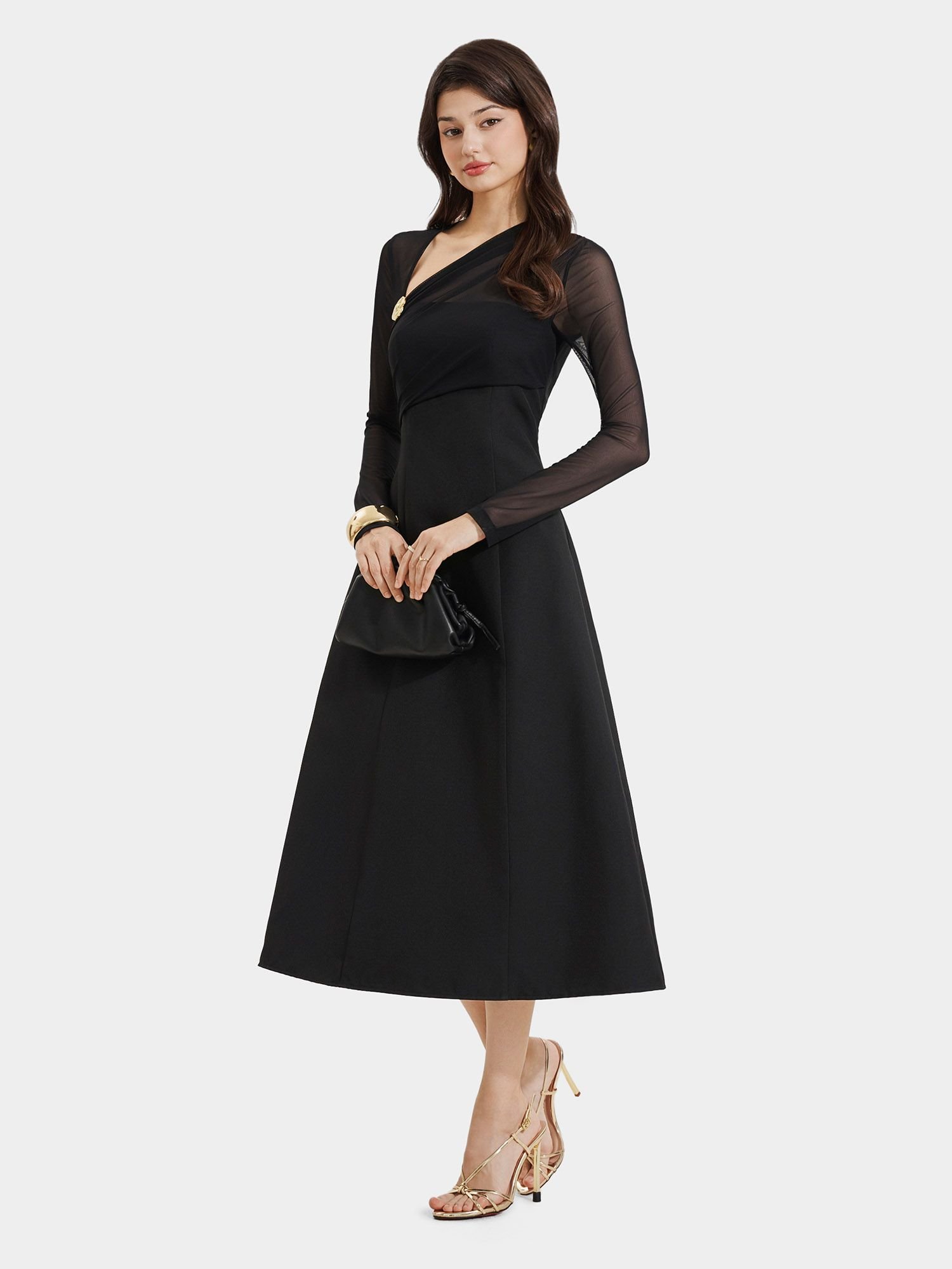  Đầm midi form A tay dài phối lưới thun cài hoa 