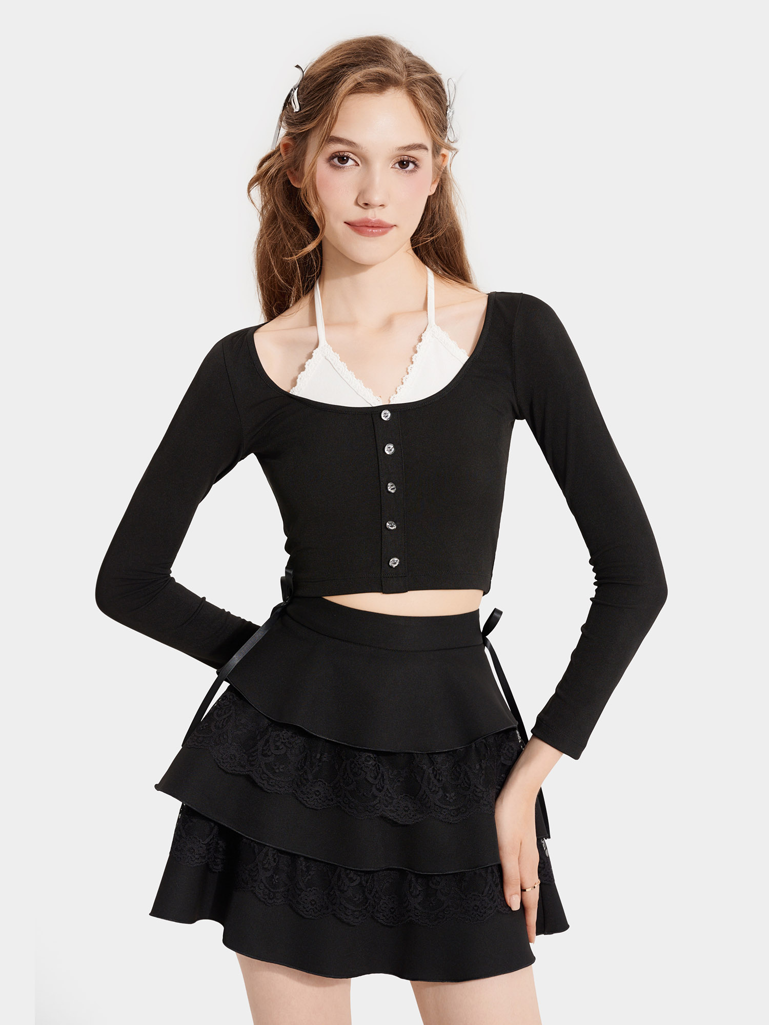 Áo thun croptop form ôm tay dài cột dây sau