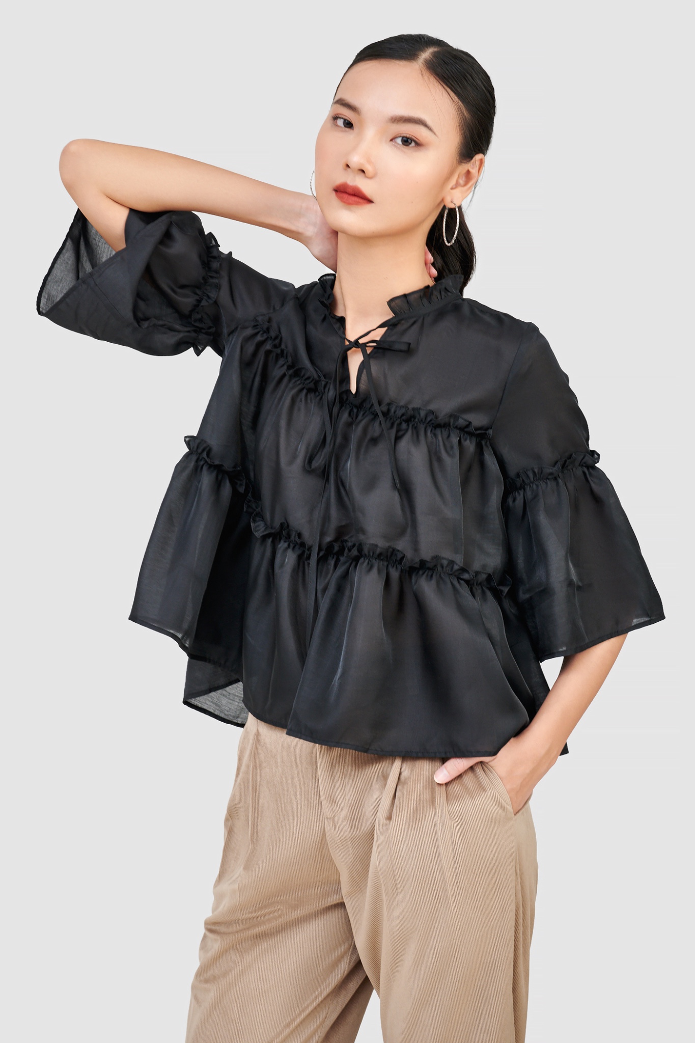 Áo kiểu sheer 3 tầng tay nhún bèo