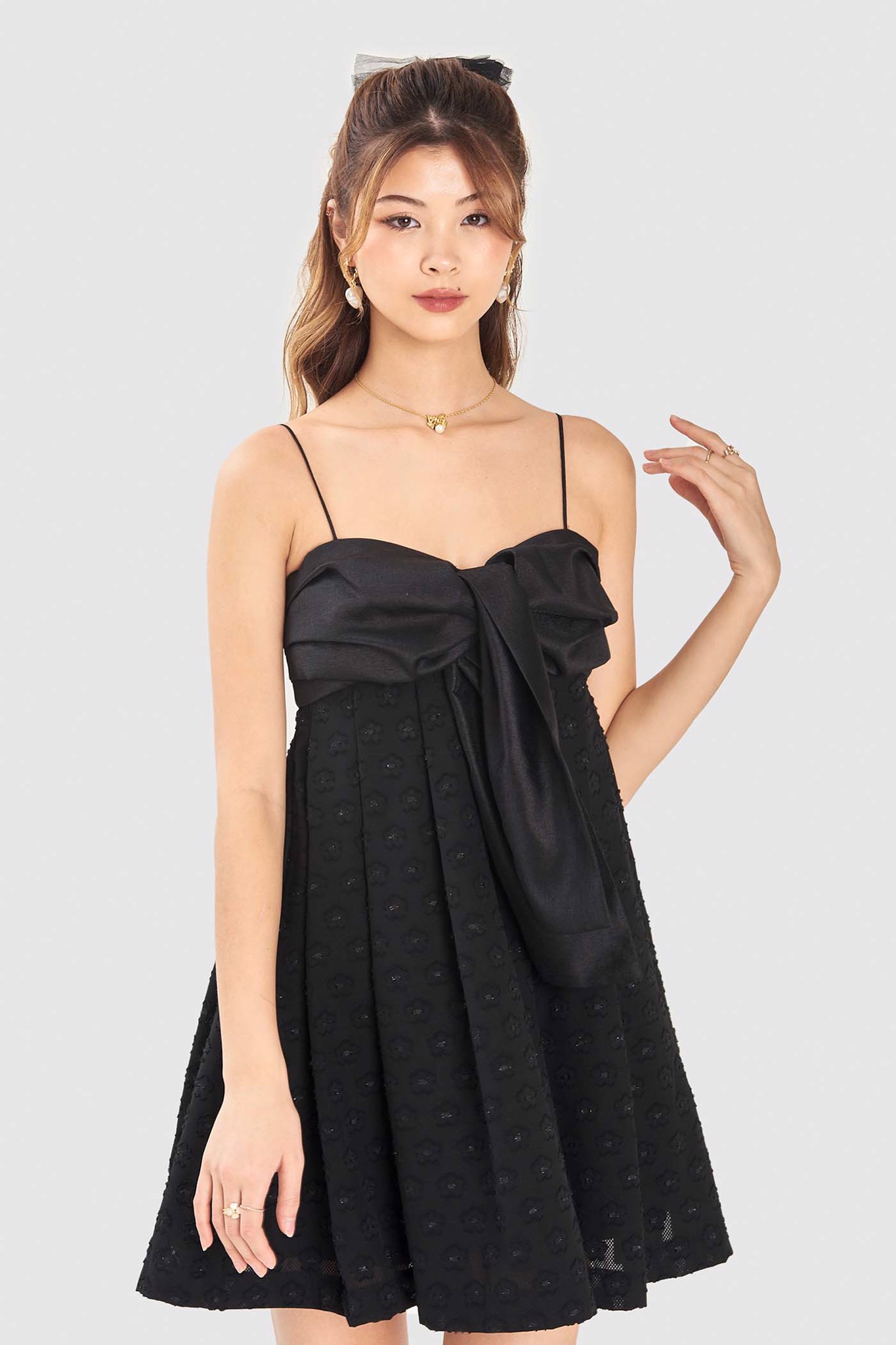 Đầm 2 dây babydoll phối vải nhấn nơ