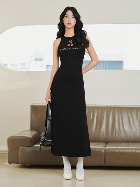  Đầm midi thun sát nách  form ôm in hình 