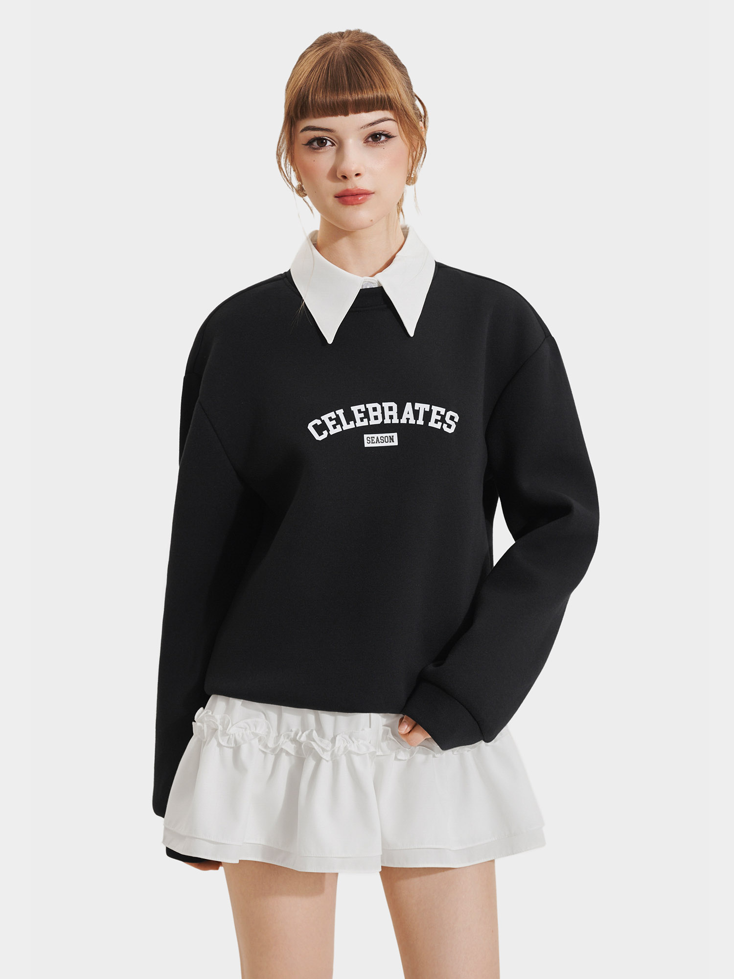 Áo sweater phối cổ sơ mi in chữ