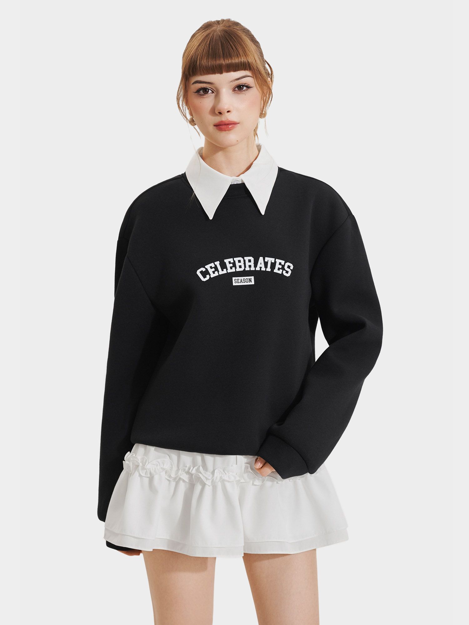  Áo sweater phối cổ sơ mi in chữ 