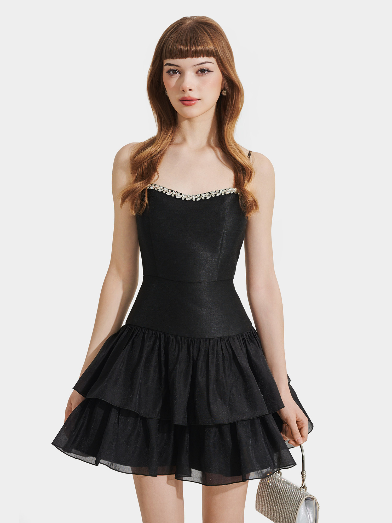 Đầm mini 2 dây tafta phối sheer ngực đính đá