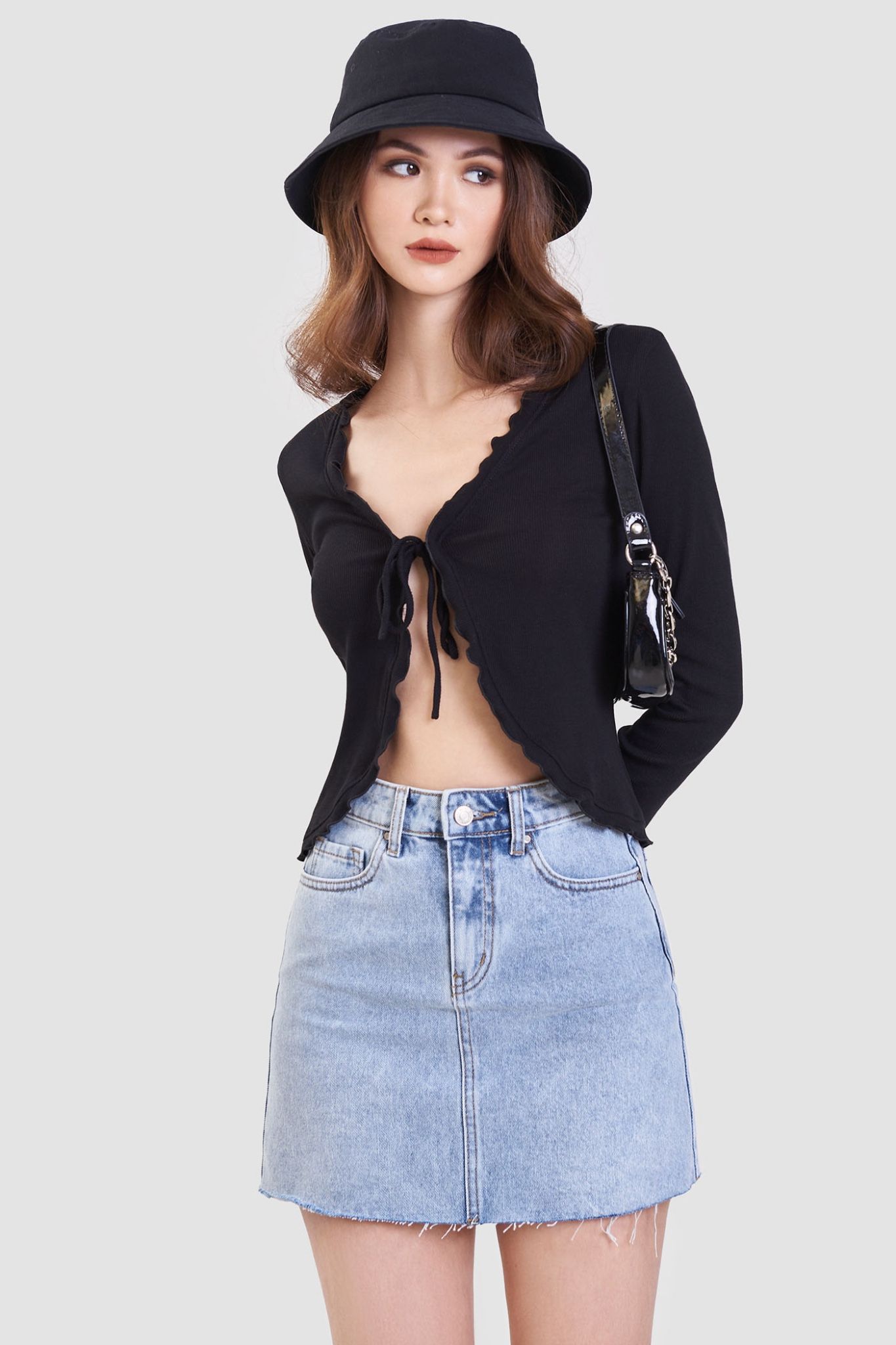  Áo cardigan cột nơ viền bèo 