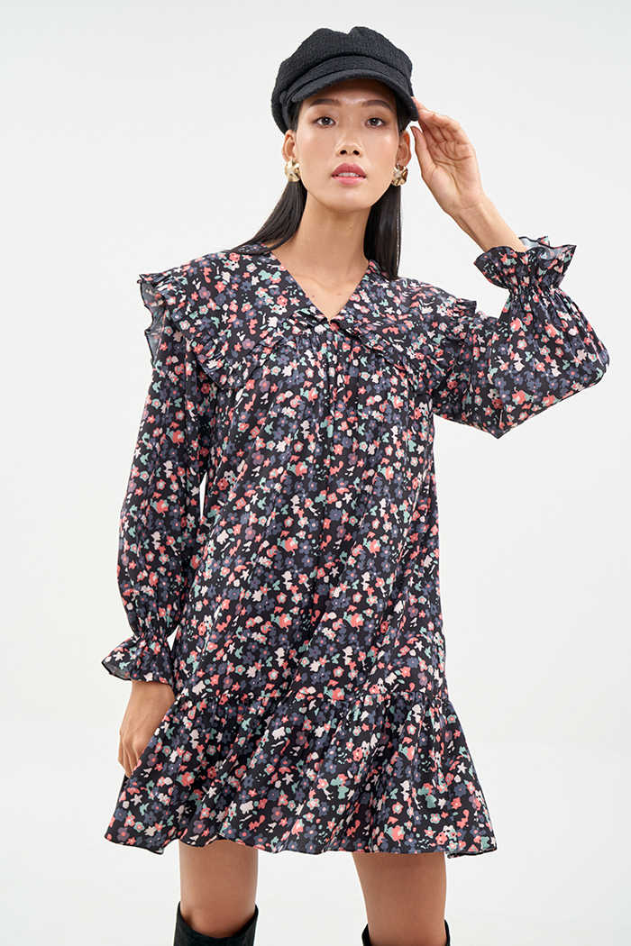 Đầm form rộng in hoạ tiết bèo tấm cổ tùng