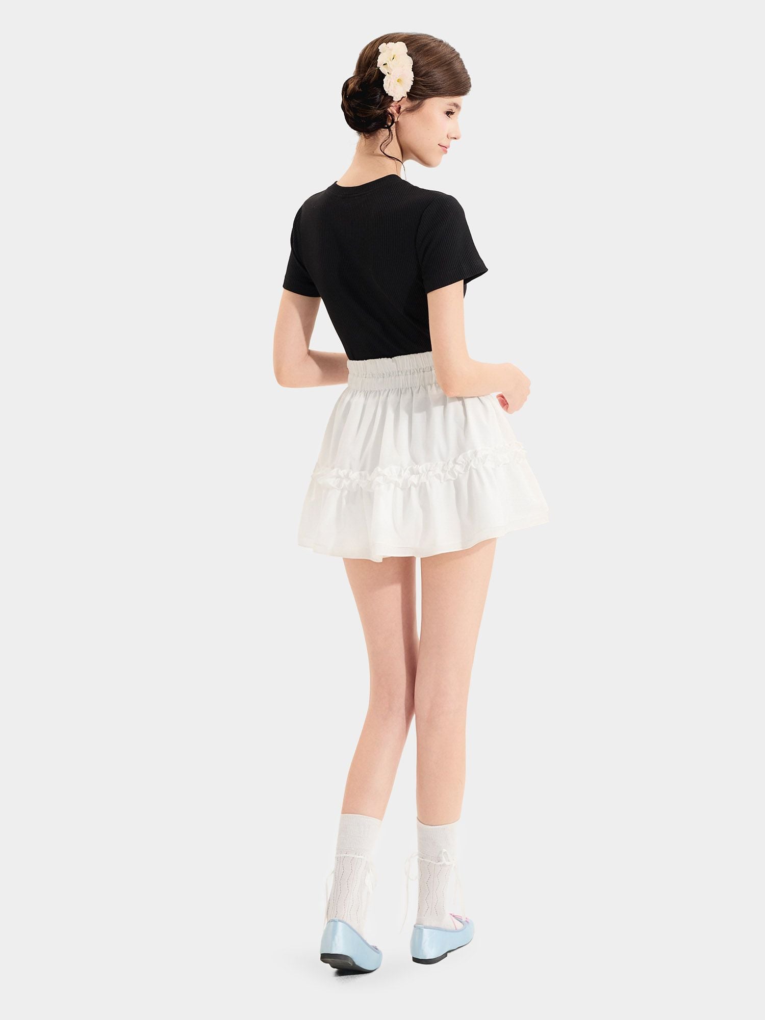  Áo thun gân tay ngắn cổ tròn cài nút 