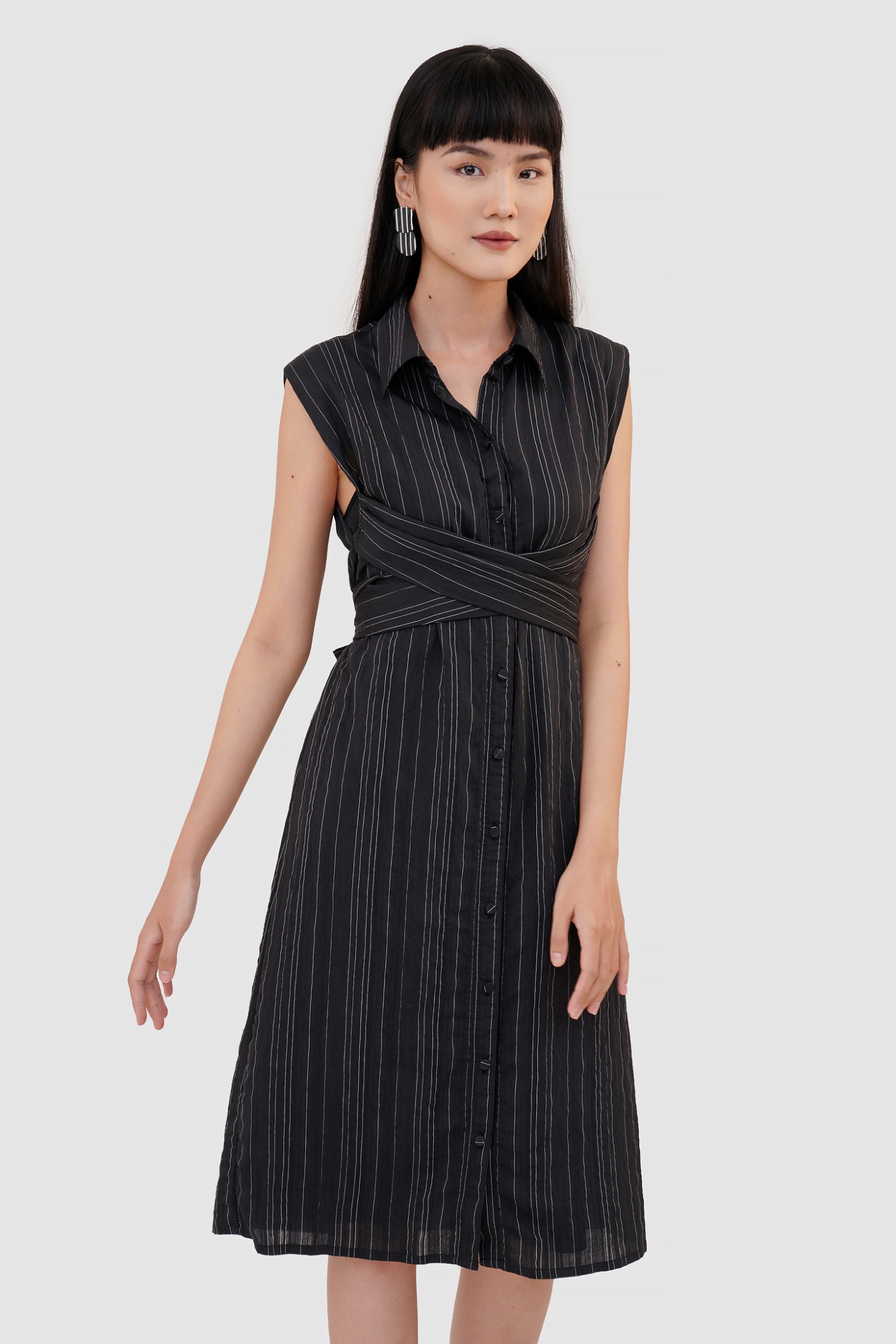 Đầm sơ mi midi nhấn dây lưng