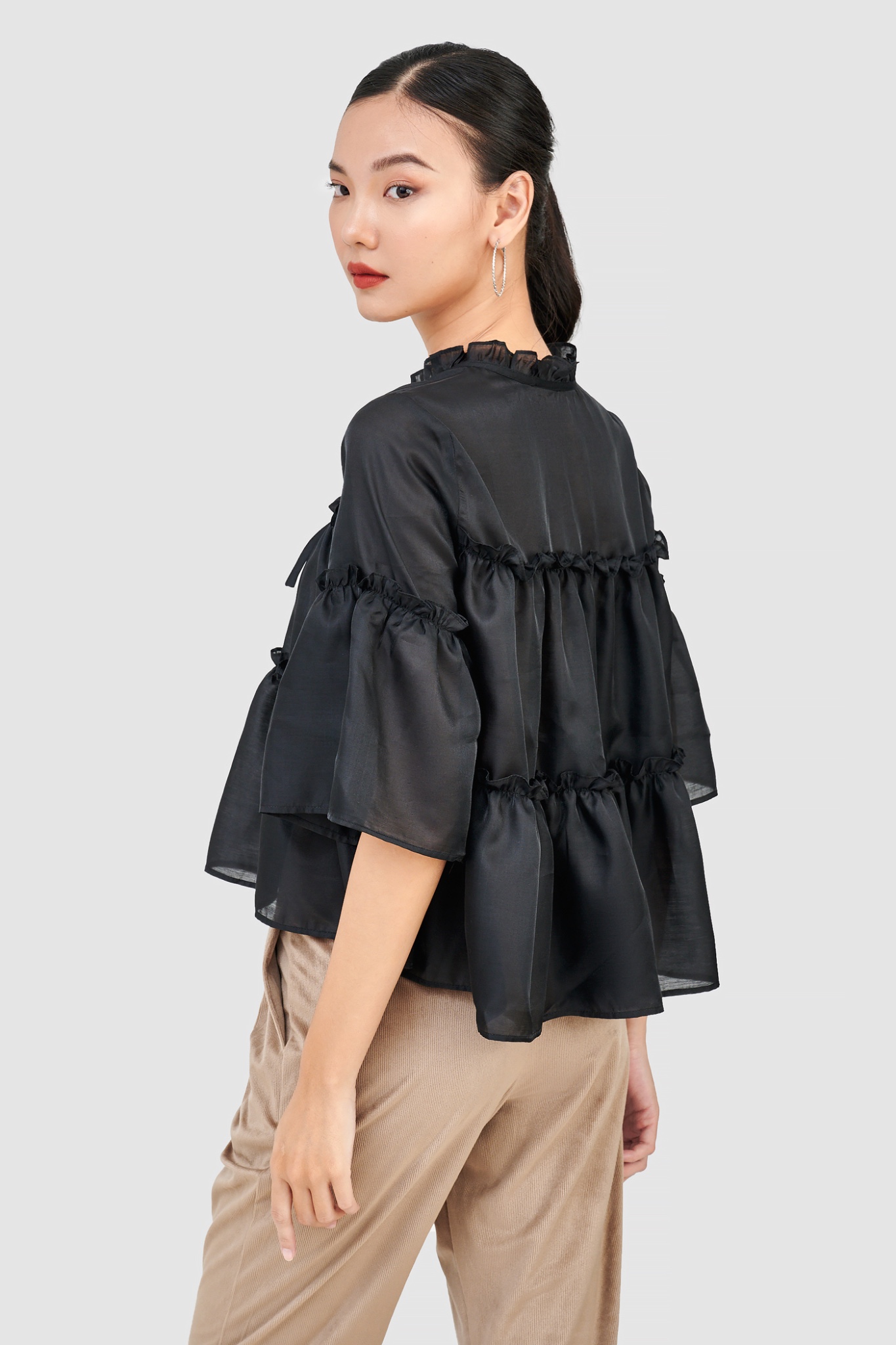 Áo kiểu sheer 3 tầng tay nhún bèo