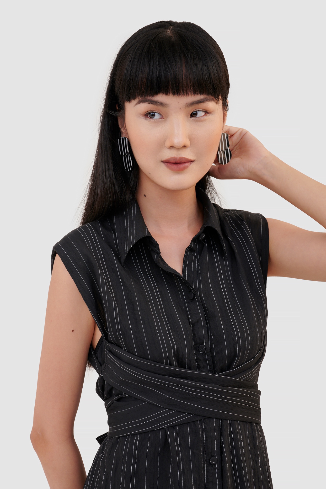 Đầm sơ mi midi nhấn dây lưng