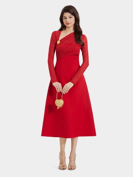  Đầm midi form A tay dài phối lưới thun cài hoa 