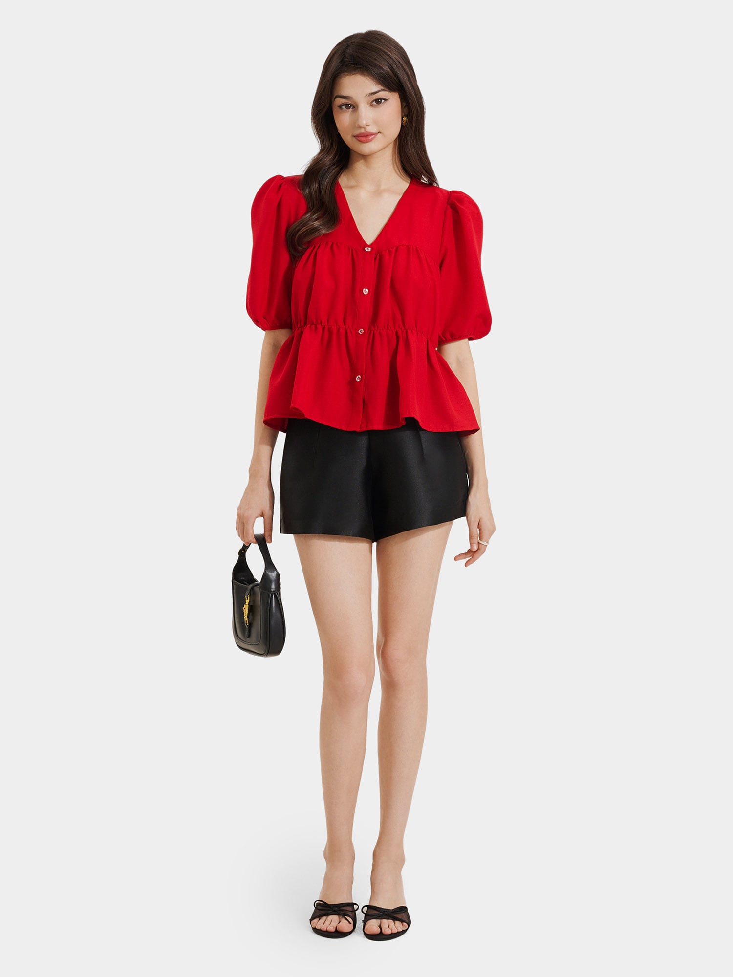 Áo kiểu cổ tim tay phồng nhún ngực và eo