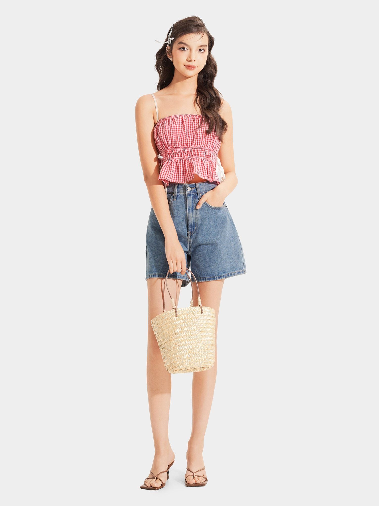  Áo 2 dây caro nhún thun thắt nơ hông 