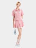  Váy mini sọc xếp li phối ren 