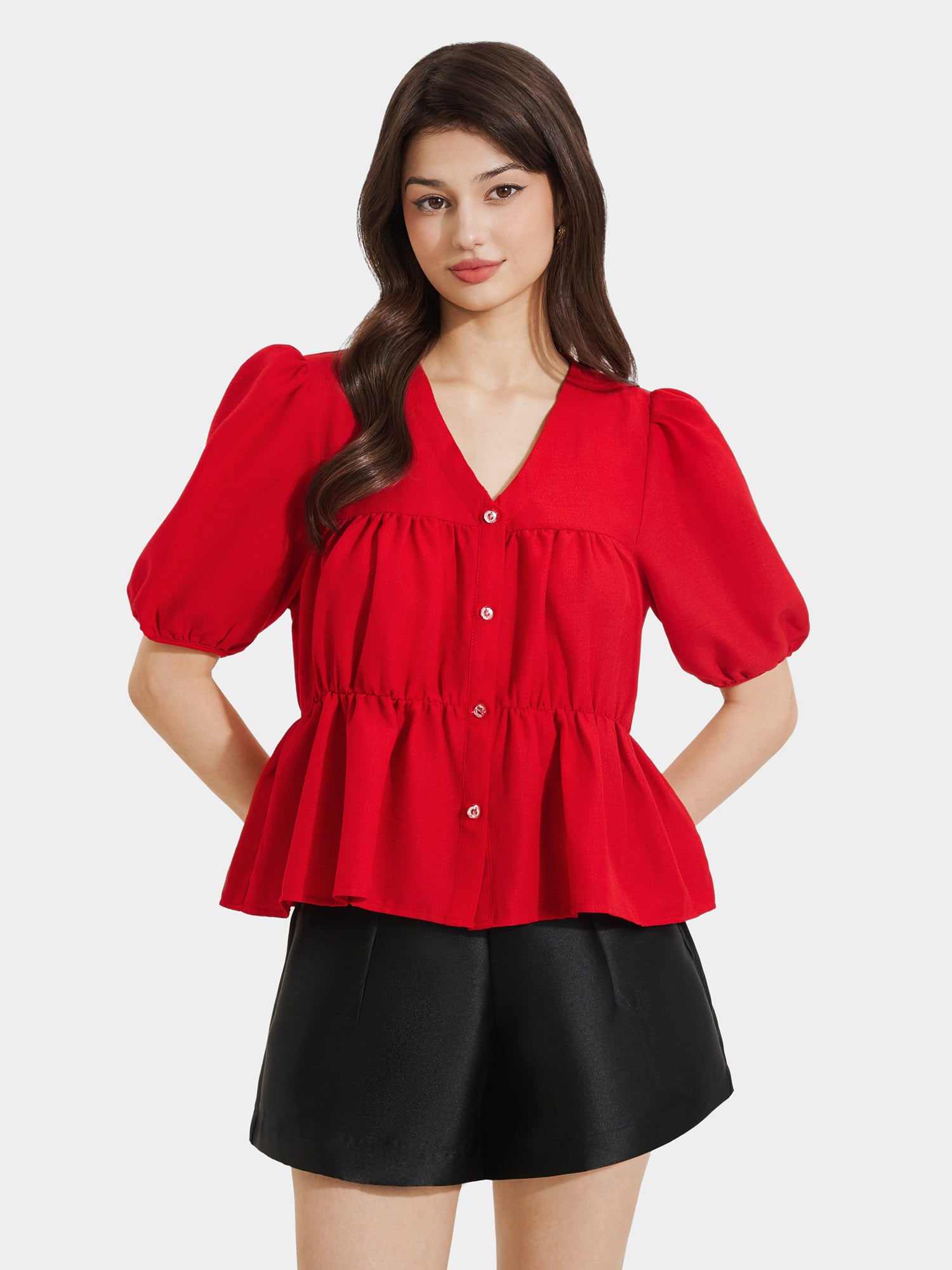 Áo kiểu cổ tim tay phồng nhún ngực và eo