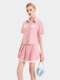  Váy mini sọc xếp li phối ren 