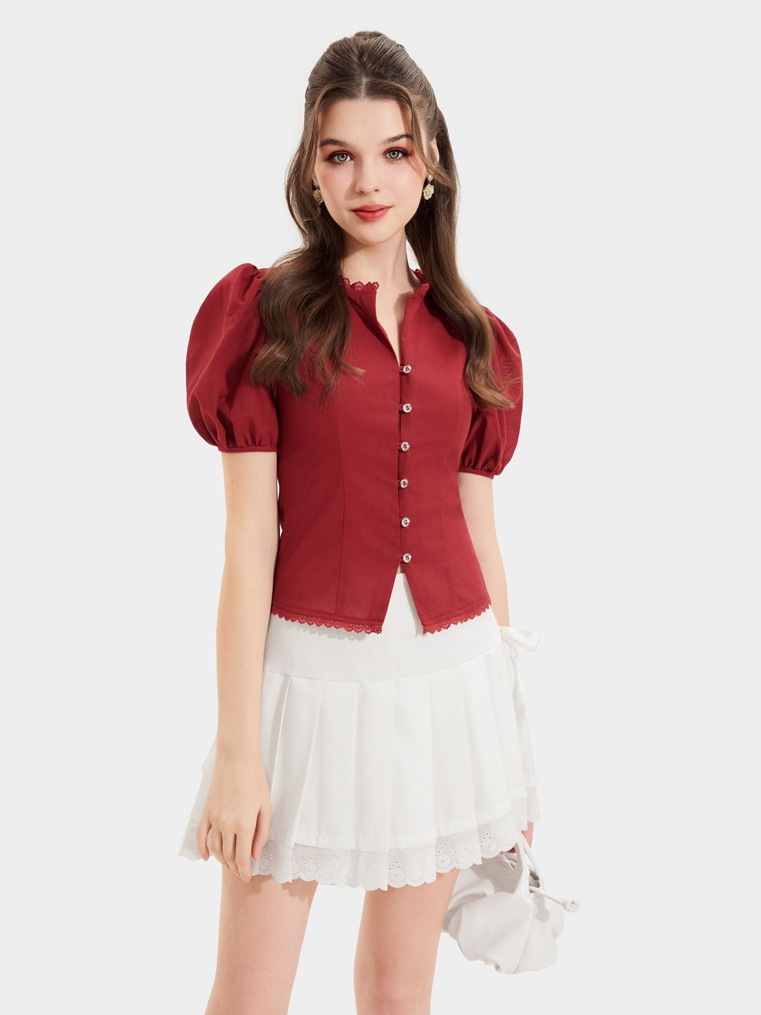  Áo decoup tay phồng cổ tròn viền ren 