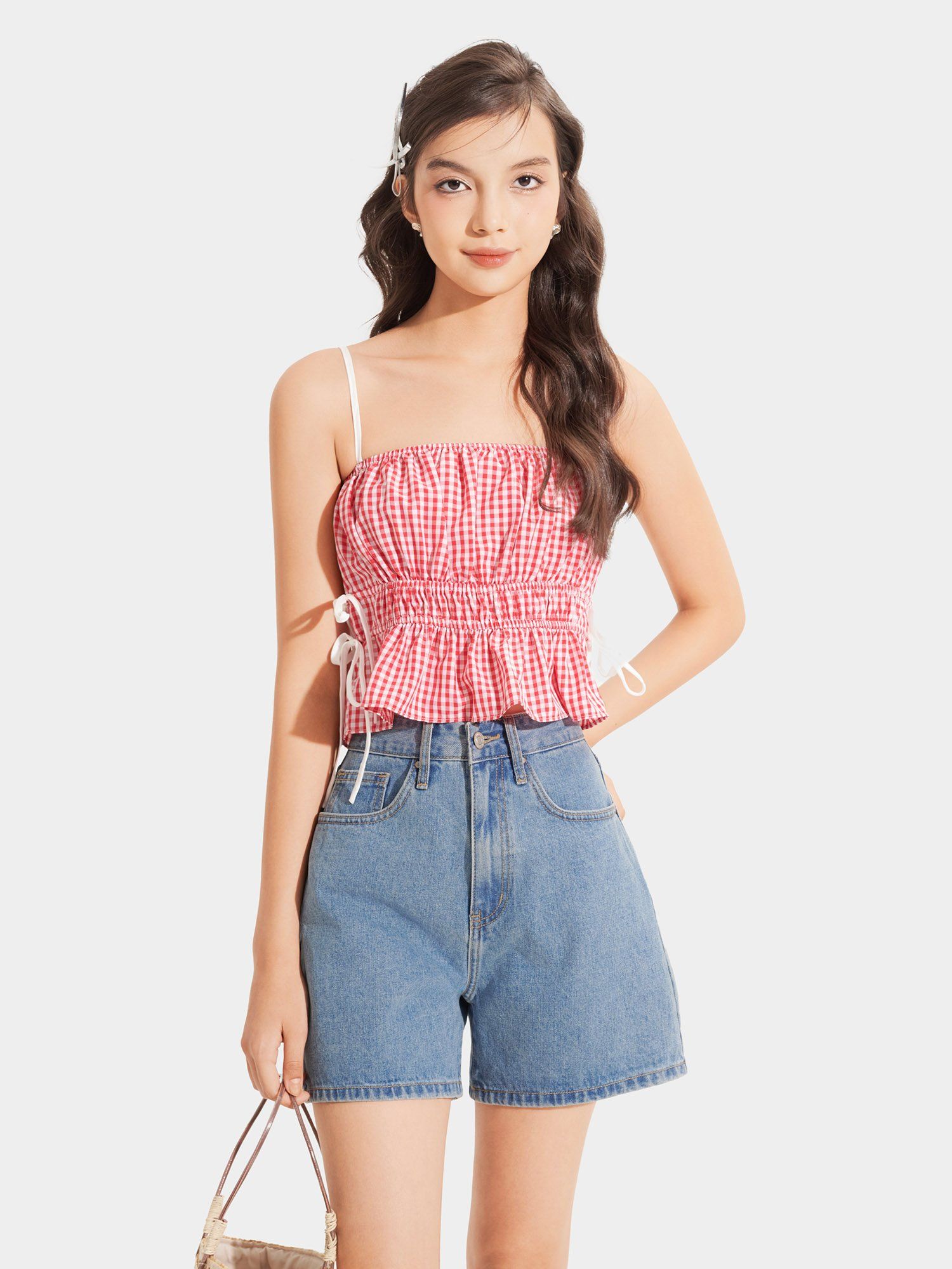  Áo 2 dây caro nhún thun thắt nơ hông 