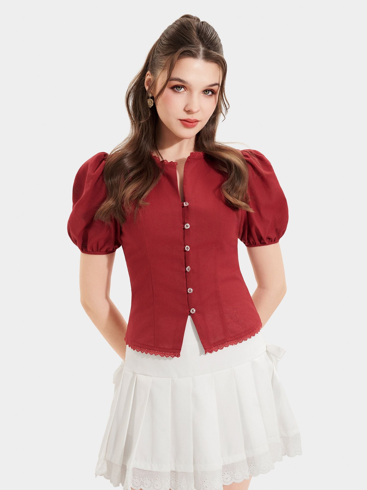  Áo decoup tay phồng cổ tròn viền ren 