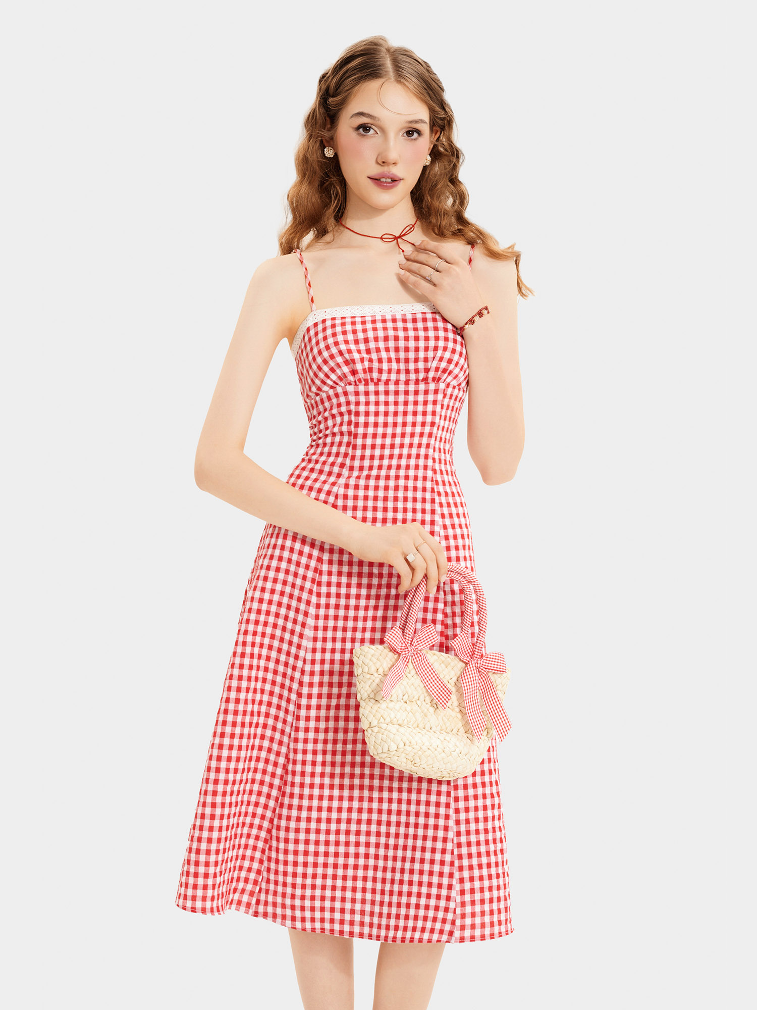 Đầm midi 2 dây caro phối viền ren