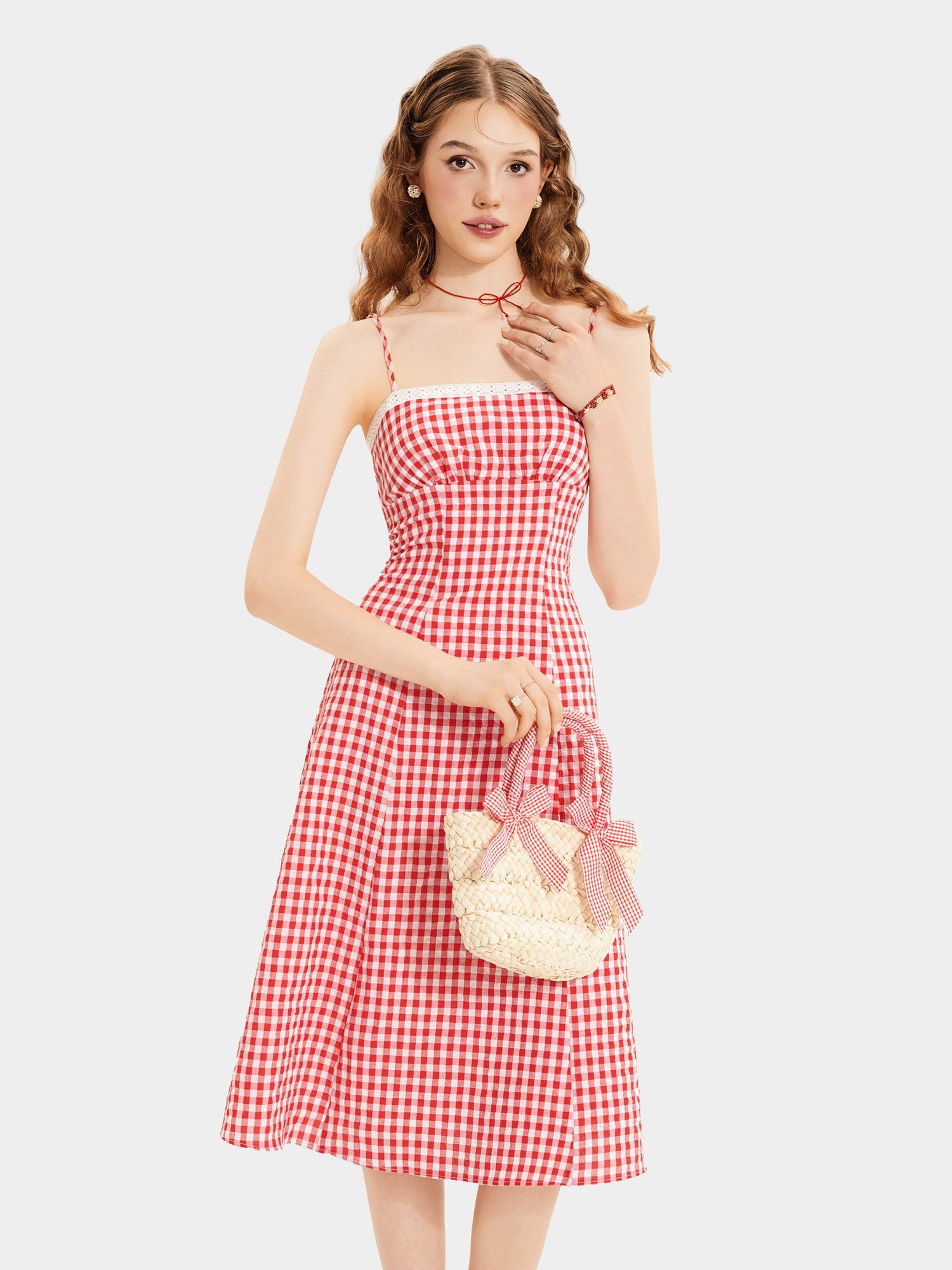  Đầm midi 2 dây caro phối viền ren 