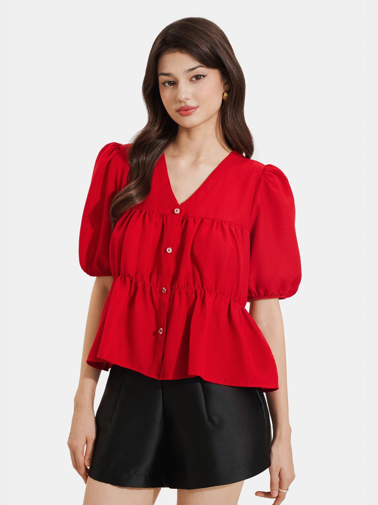  Áo kiểu cổ tim tay phồng nhún ngực và eo 