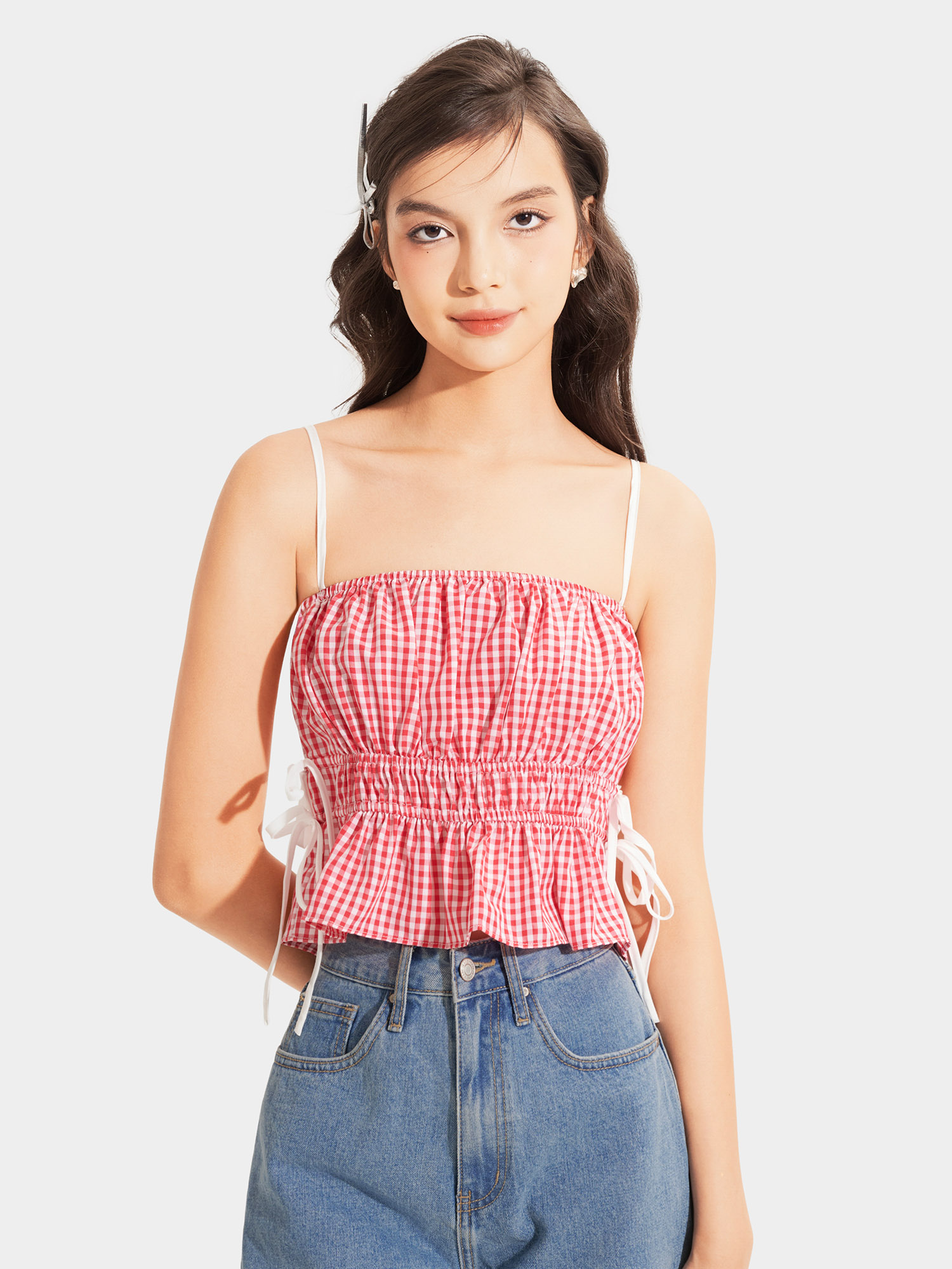 Áo 2 dây caro nhún thun thắt nơ hông