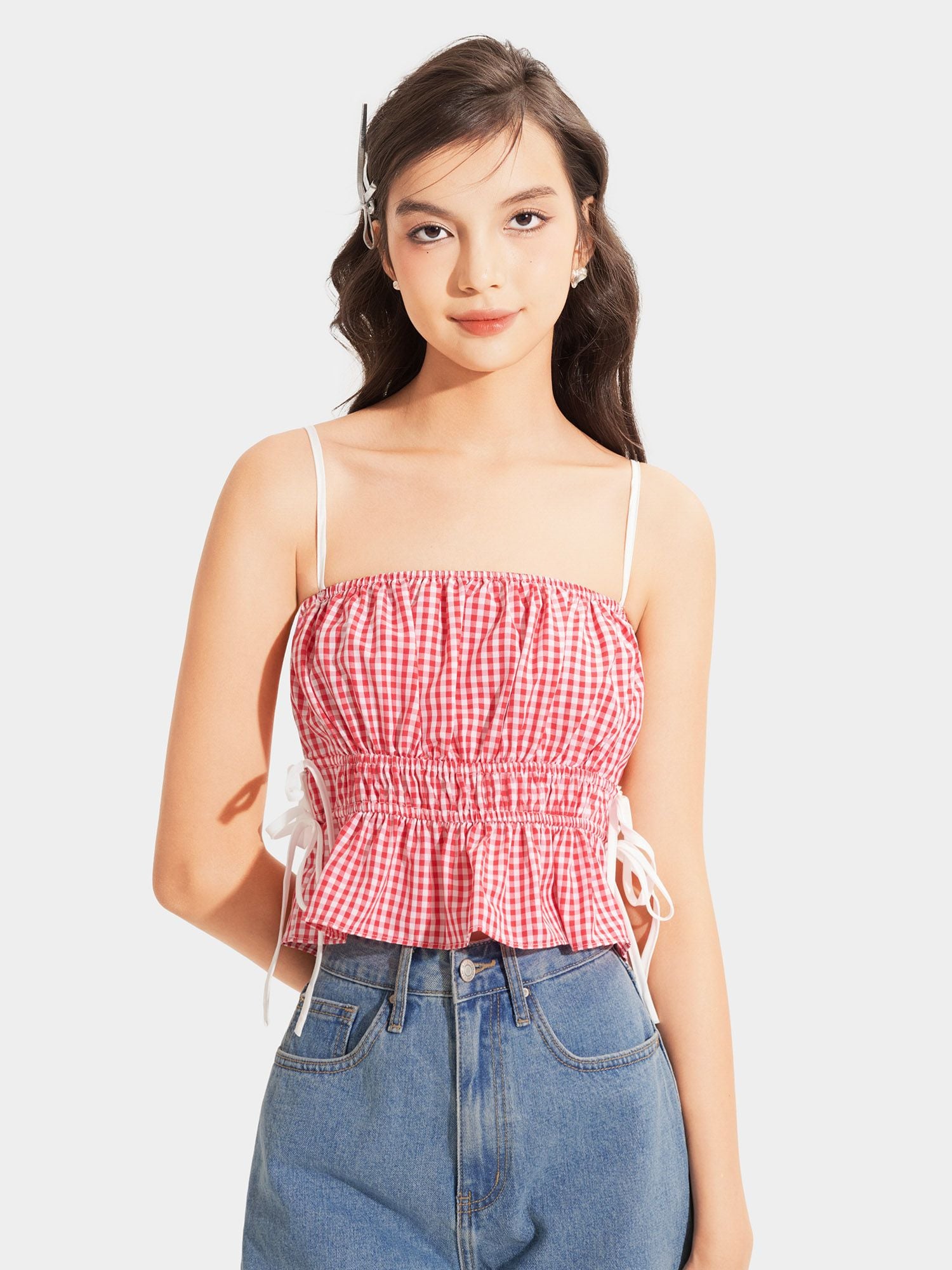  Áo 2 dây caro nhún thun thắt nơ hông 