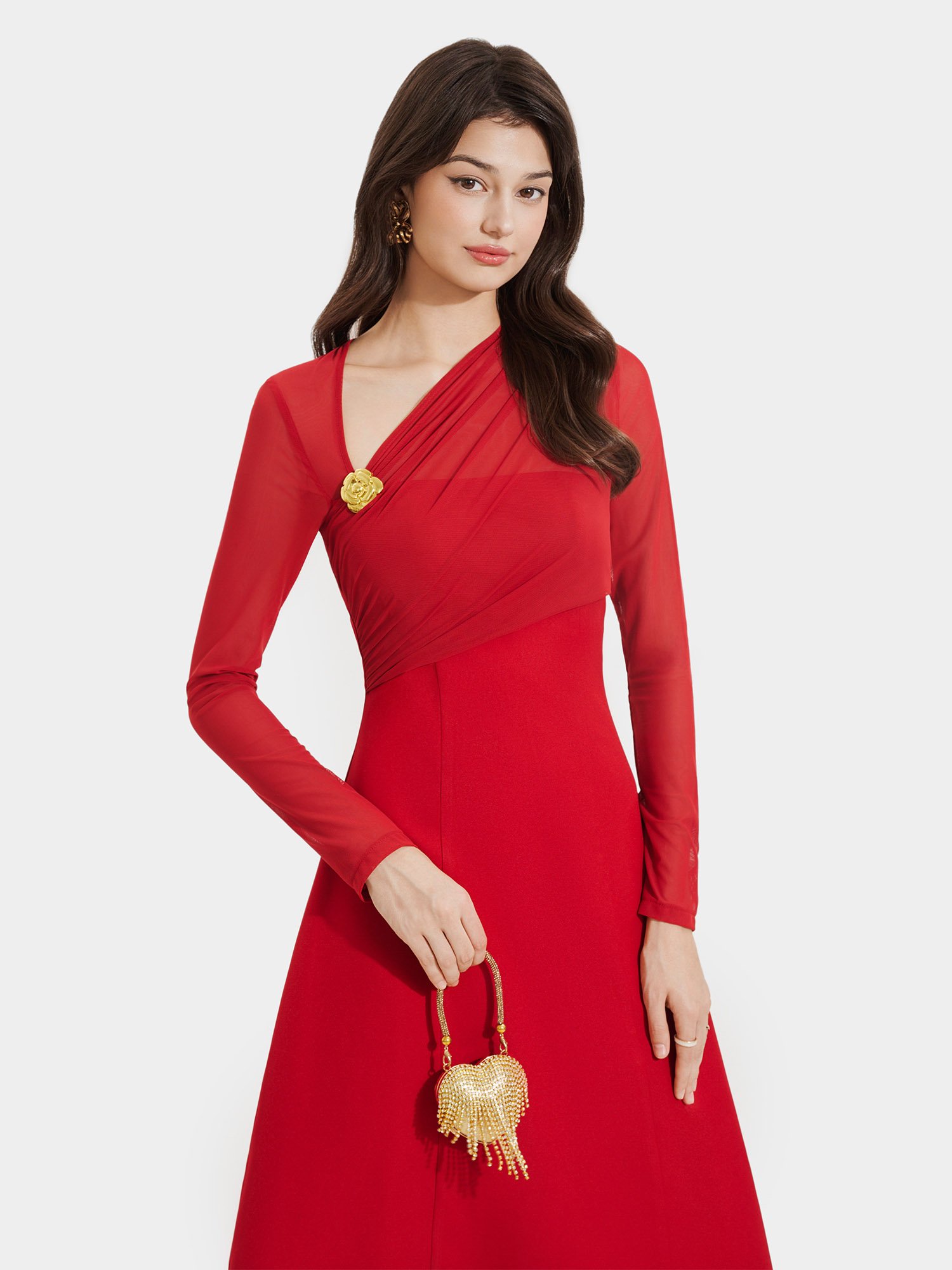 Đầm midi form A tay dài phối lưới thun cài hoa