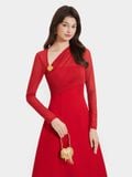  Đầm midi form A tay dài phối lưới thun cài hoa 