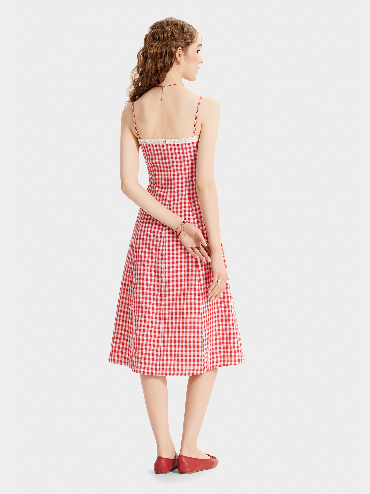 Đầm midi 2 dây caro phối viền ren