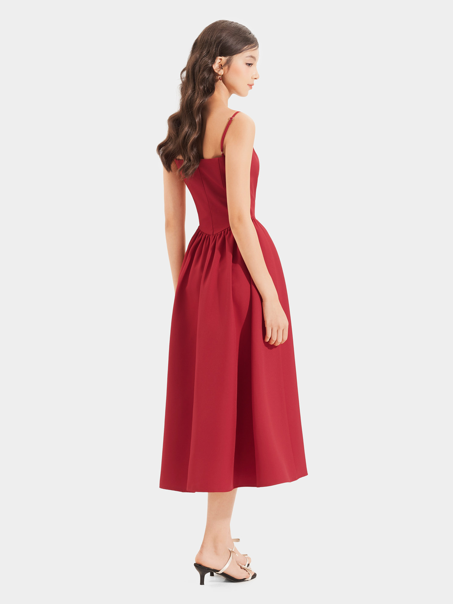 Đầm midi 2 dây nhún tùng phối ren ngực đính nơ 2 bên