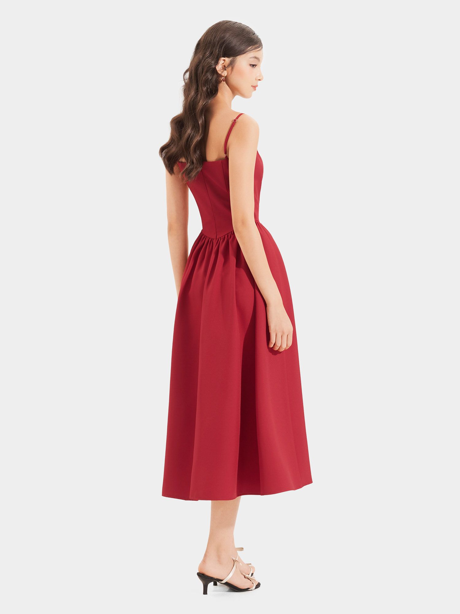  Đầm midi 2 dây nhún tùng phối ren ngực đính nơ 2 bên 