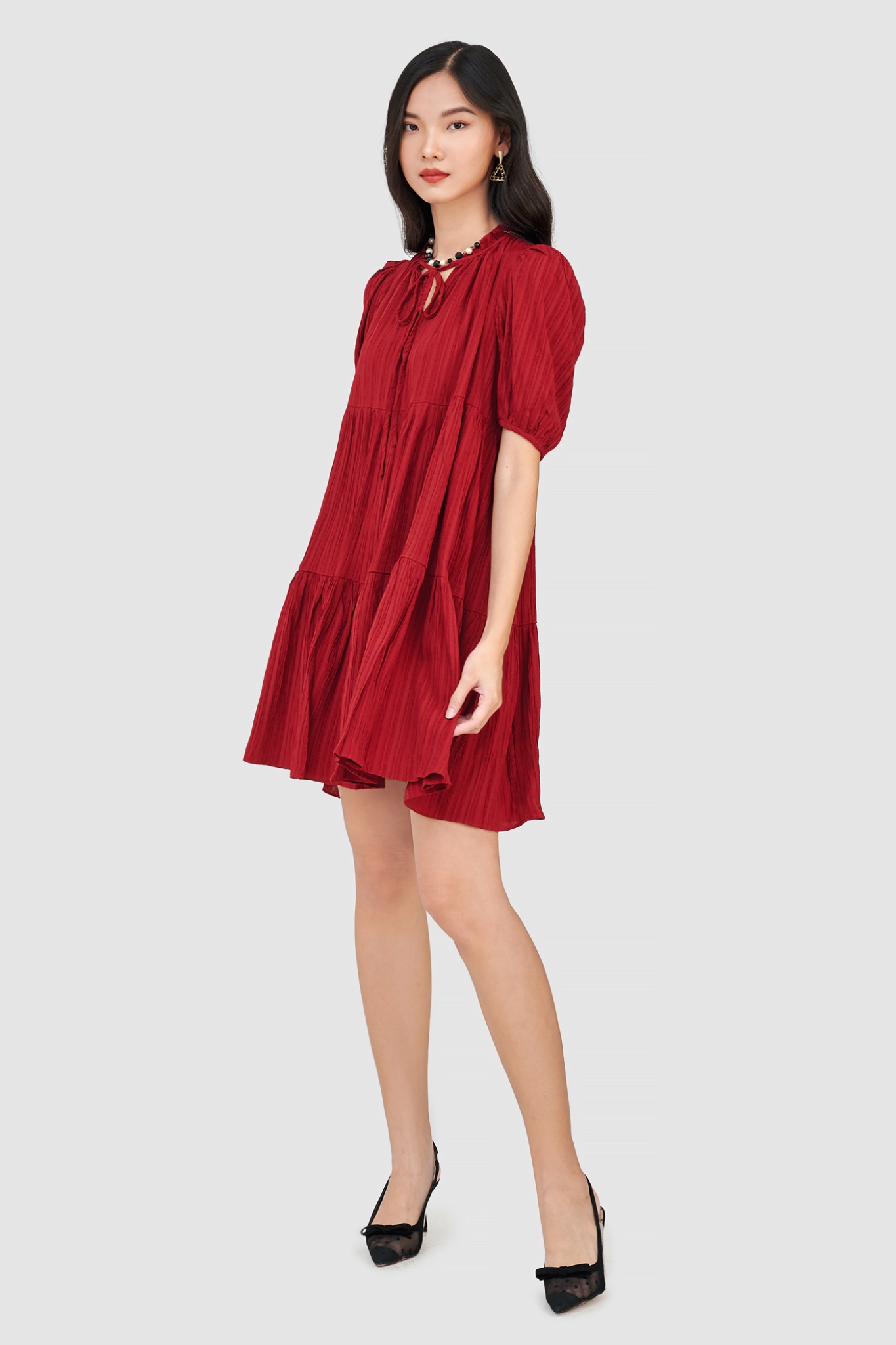 Đầm form babydoll 3 tầng tay phồng
