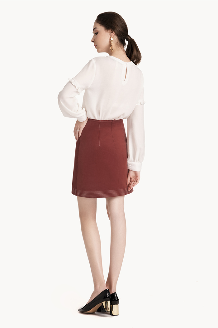 Váy khaki nhung đắp chéo nhấn nút