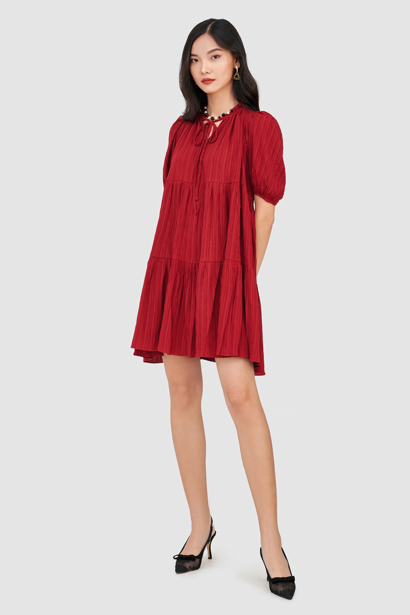 Đầm form babydoll 3 tầng tay phồng