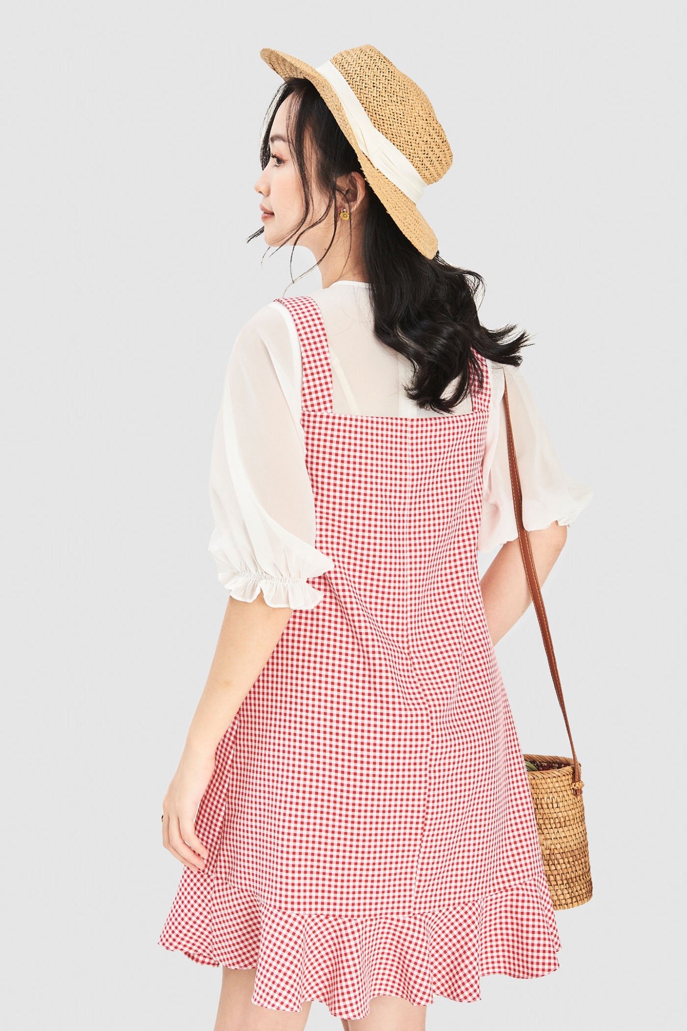 Đầm form suông phối yếm caro gingham