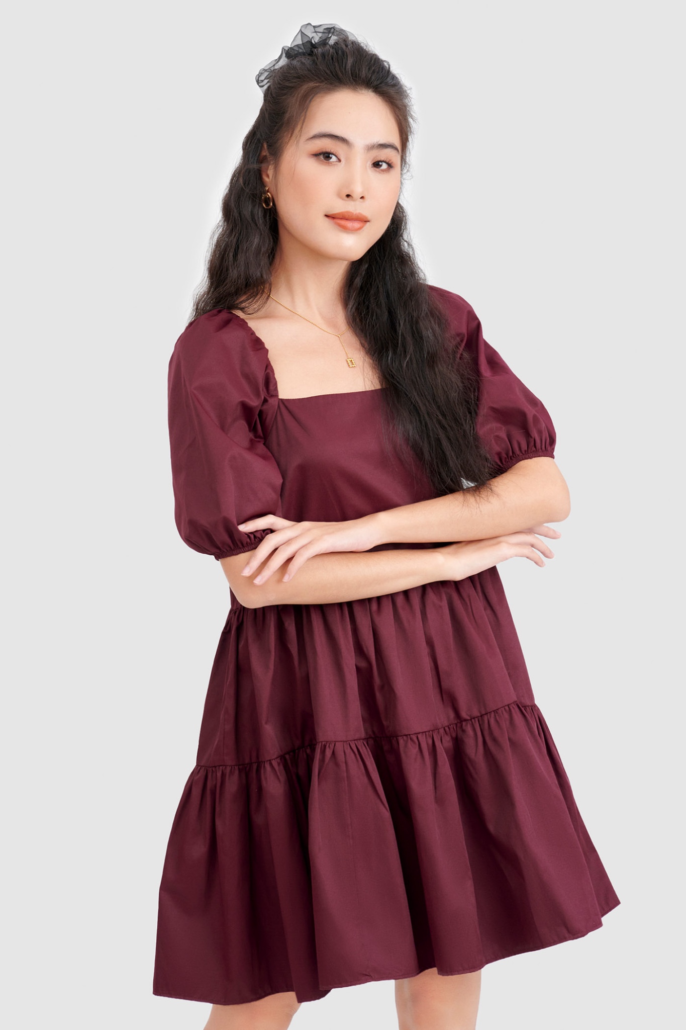 Đầm babydoll cotton cổ vuông 3 tầng