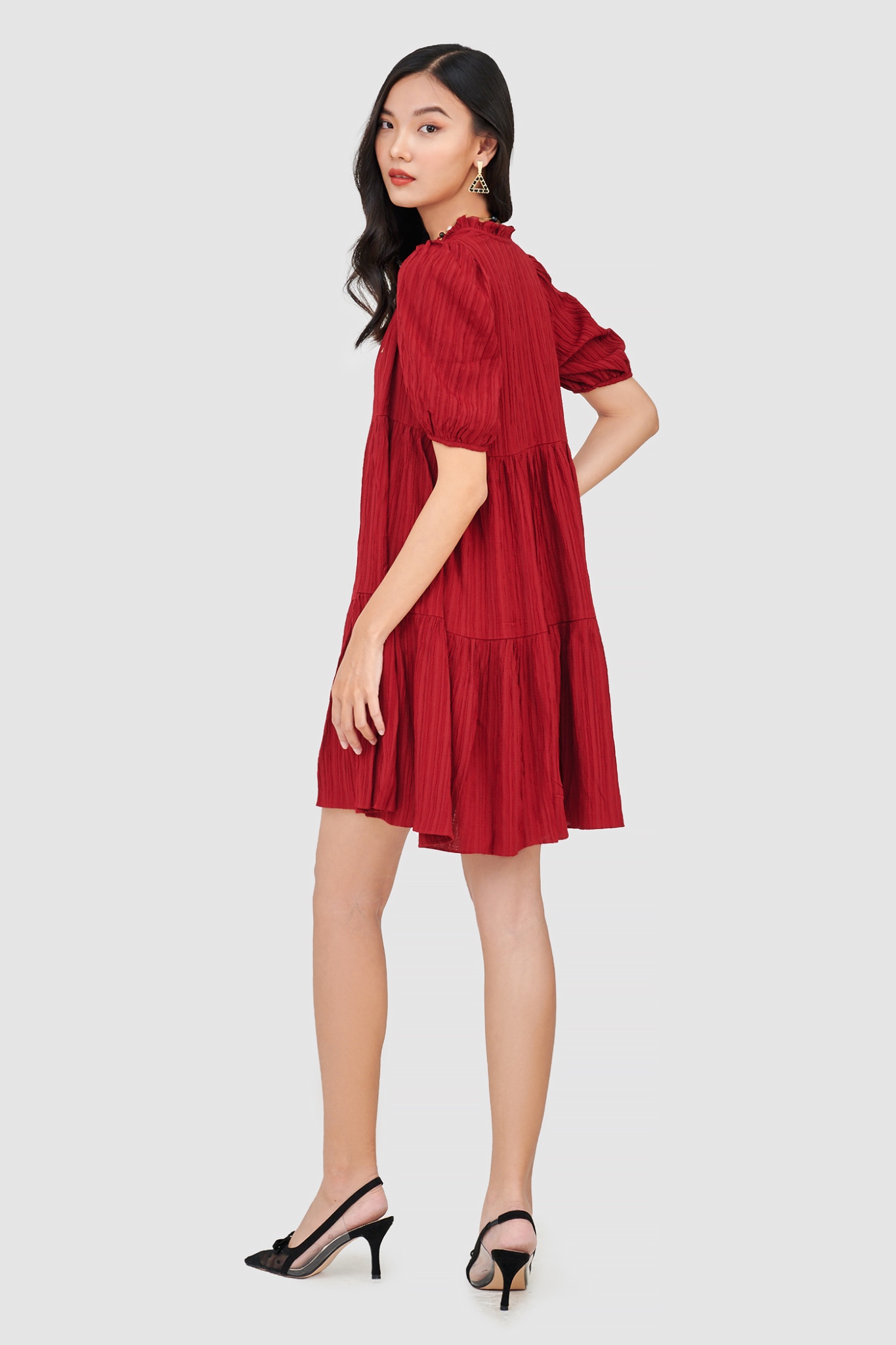Đầm form babydoll 3 tầng tay phồng