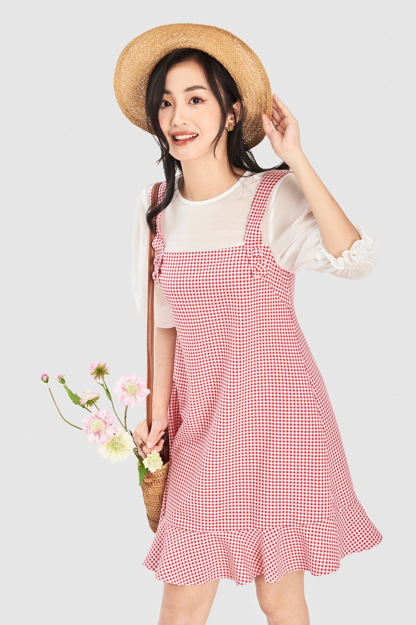 Đầm form suông phối yếm caro gingham